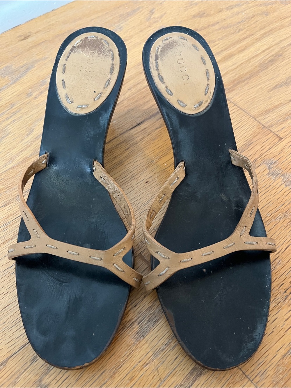 Gucci Black Footbed Tan Leather Strap Slide Sandals